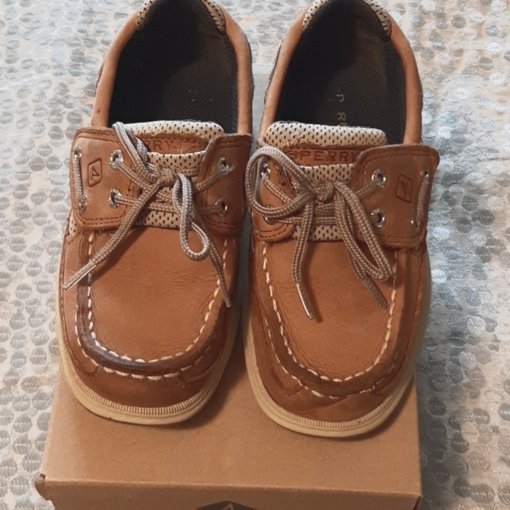 Toddler Boys Sperry Lanyard AC DK Tan Brown Leather Shoes, Sz 11 M w/Velcro